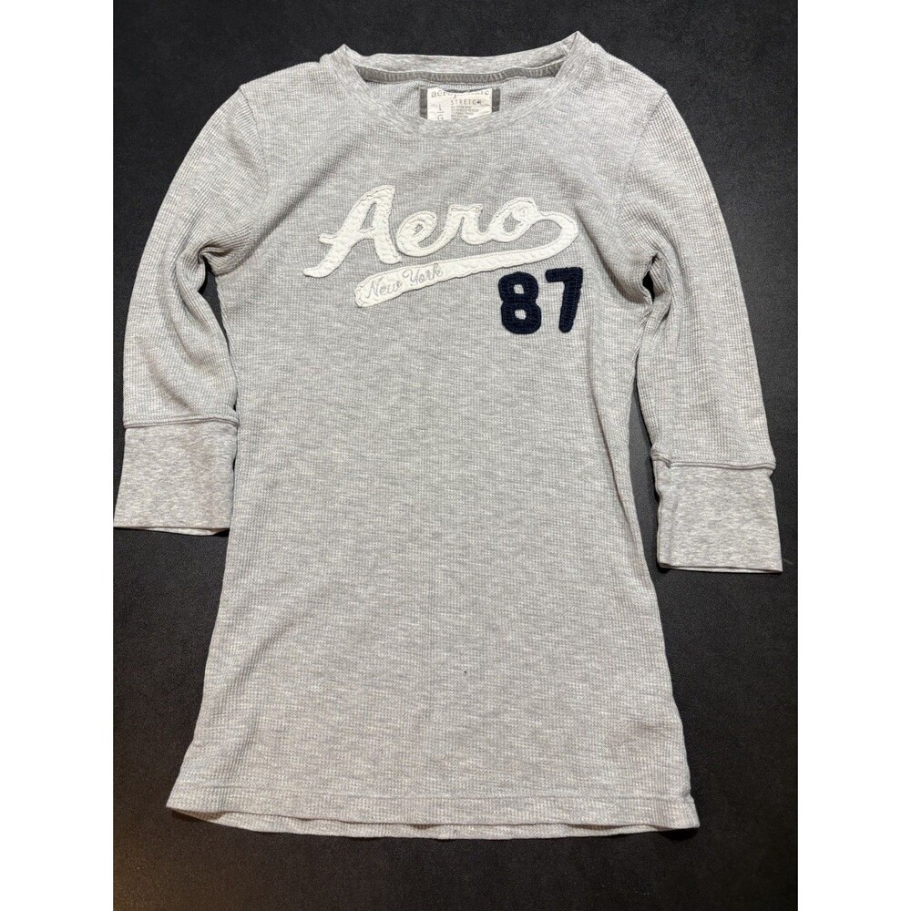 Aeropostale Y2K Aero 87 Women’s Waffle Knit Shirt Gray L Graphic McBling Logo